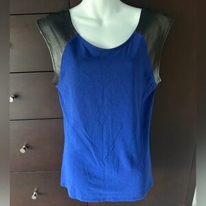 Express Women's Royal Blue Knit Tank Top w Faux Leather Black Shoulders, L EUC